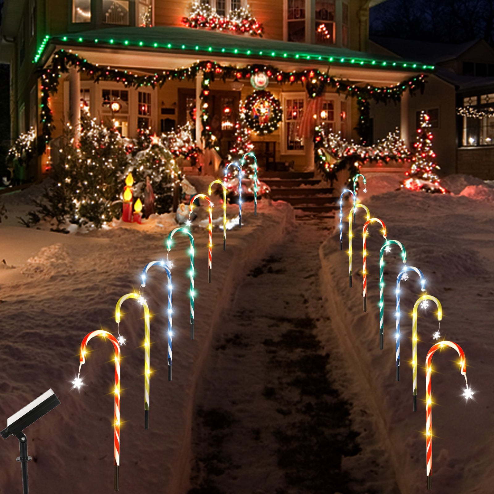 Solar Candy Cane Pathway Lights, 8 Pack Christmas Garden Lights Outdoor with Hanging Snowflake