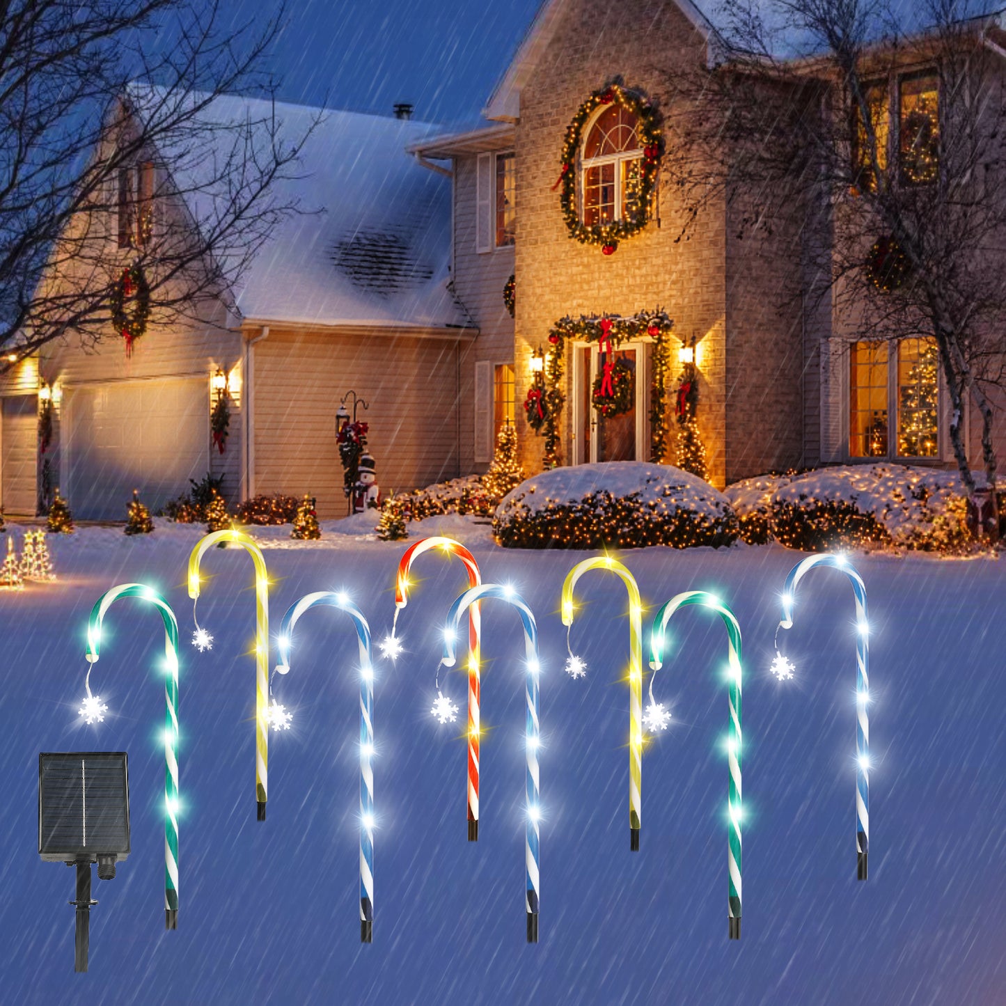 Solar Candy Cane Pathway Lights, 8 Pack Christmas Garden Lights Outdoor with Hanging Snowflake