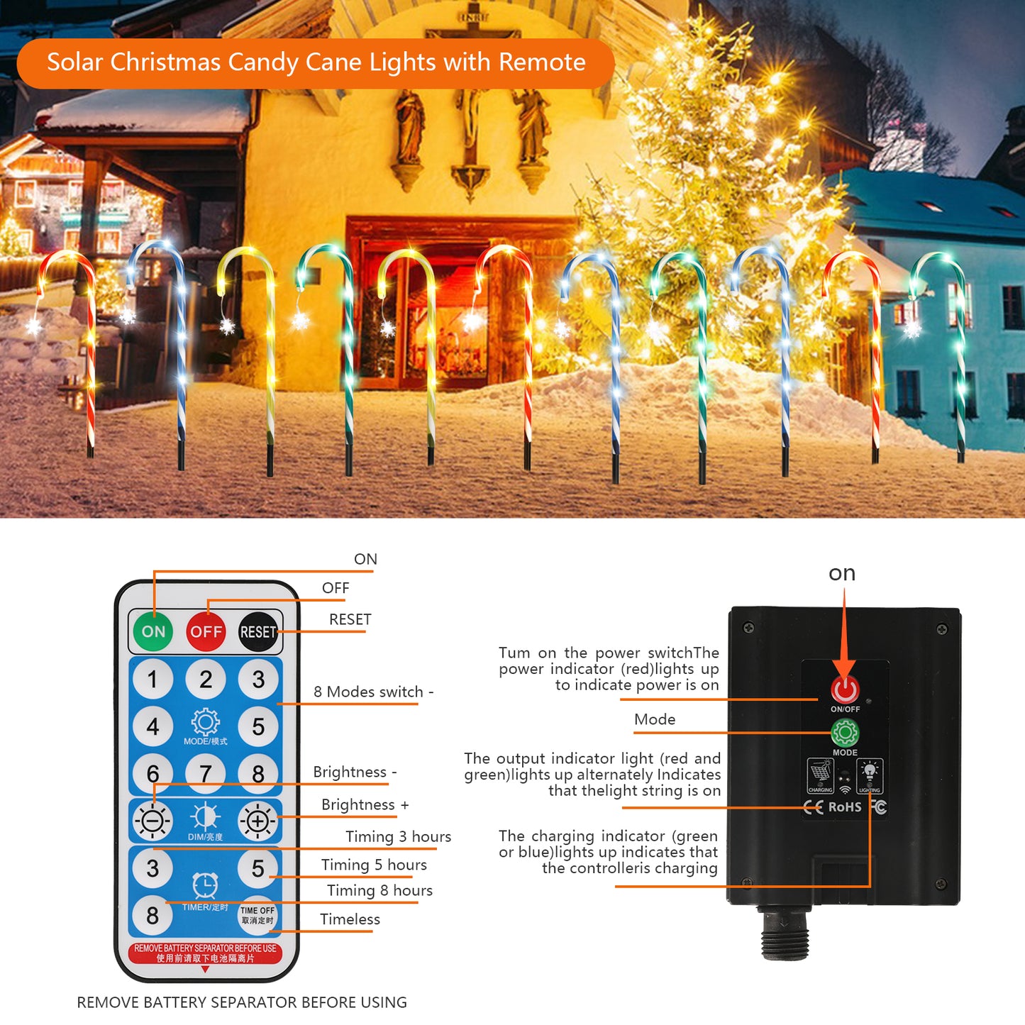 Solar Candy Cane Pathway Lights, 8 Pack Christmas Garden Lights Outdoor with Hanging Snowflake