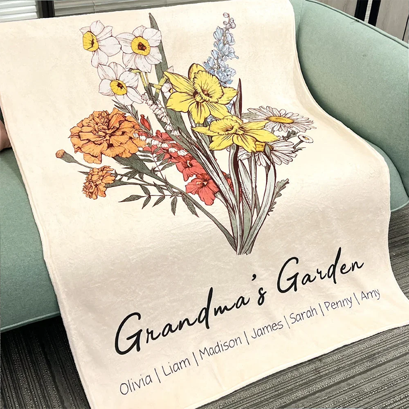 Personalized Family Birth Flowers Love Grows Here Fleece Blanket Gift for Mom Grandma