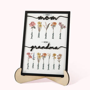 Personalized First Mom Now Grandma Birth Flower Garden Wooden Plaque Frame Sign