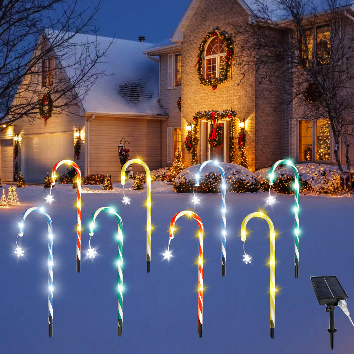 Solar Candy Cane Pathway Lights, 8 Pack Christmas Garden Lights Outdoor with Hanging Snowflake