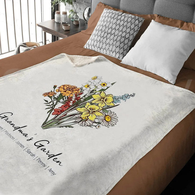 Personalized Family Birth Flowers Love Grows Here Fleece Blanket Gift for Mom Grandma