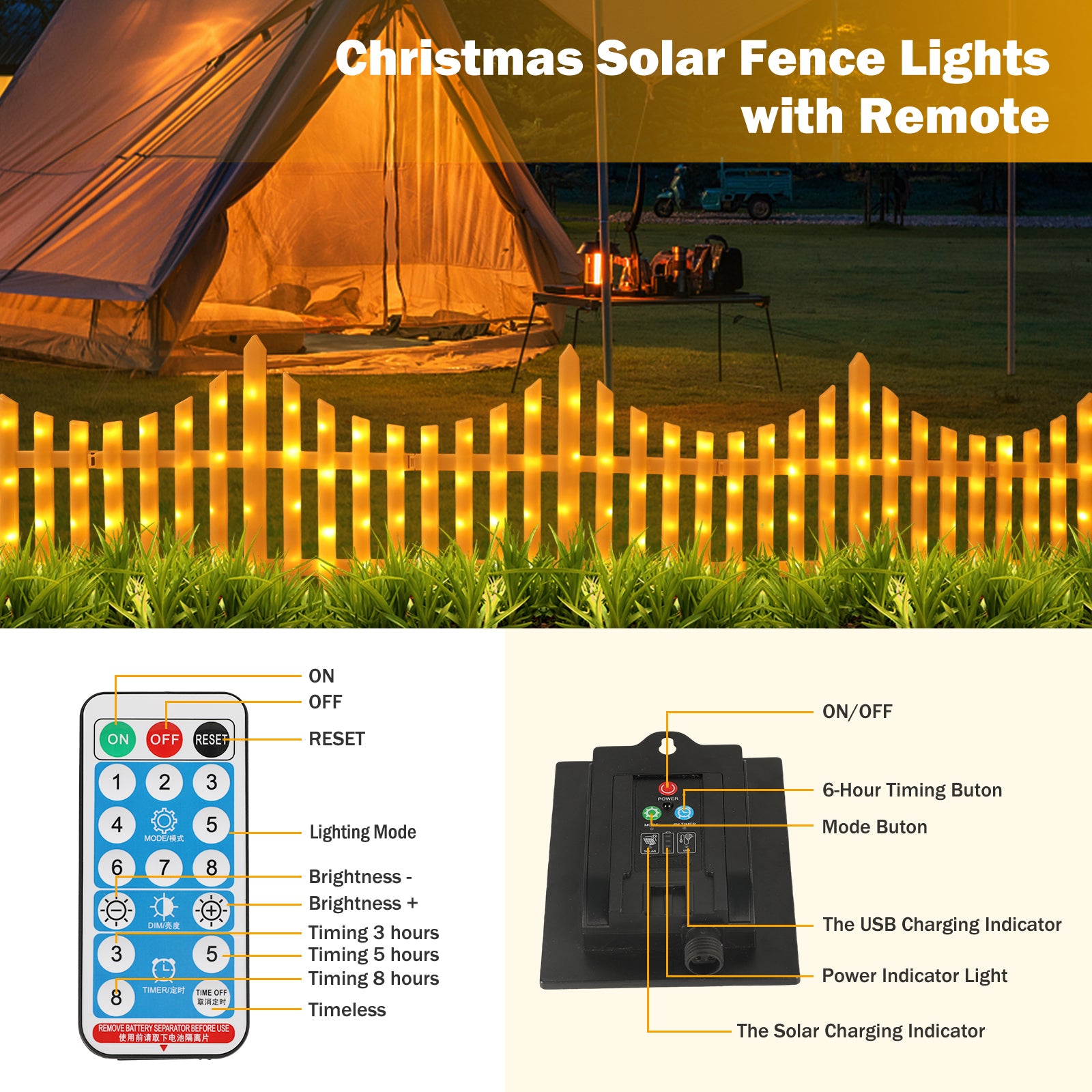 8 Pack Lighted Garden Fence Solar Powered Outdoor Waterproof