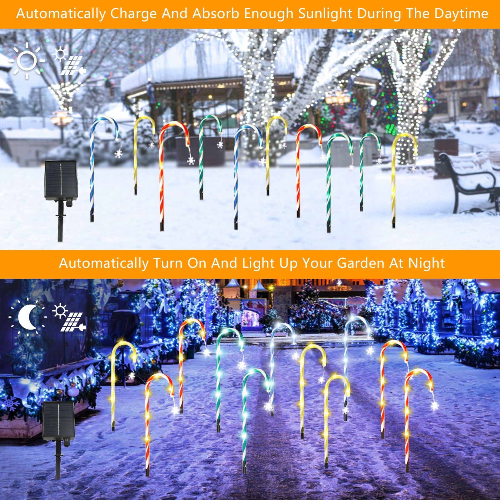 Solar Candy Cane Pathway Lights, 8 Pack Christmas Garden Lights Outdoor with Hanging Snowflake