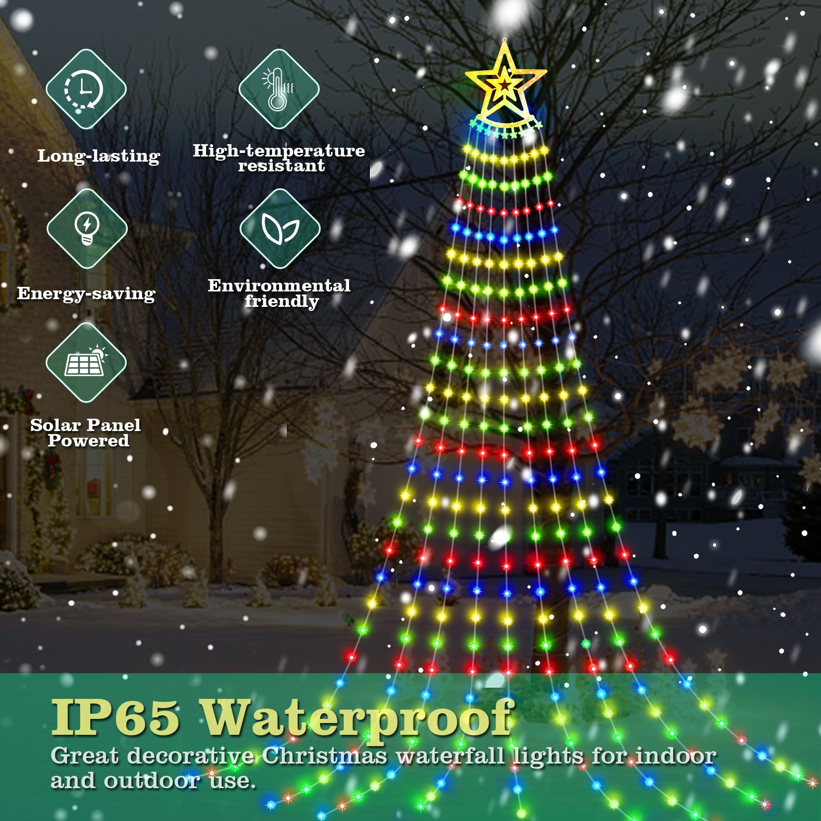 Christmas Waterfall Lights Solar Powered Outdoor Waterproof, Lights for Tree Patio Yard Holiday Decoration