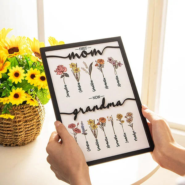 Personalized First Mom Now Grandma Birth Flower Garden Wooden Plaque Frame Sign