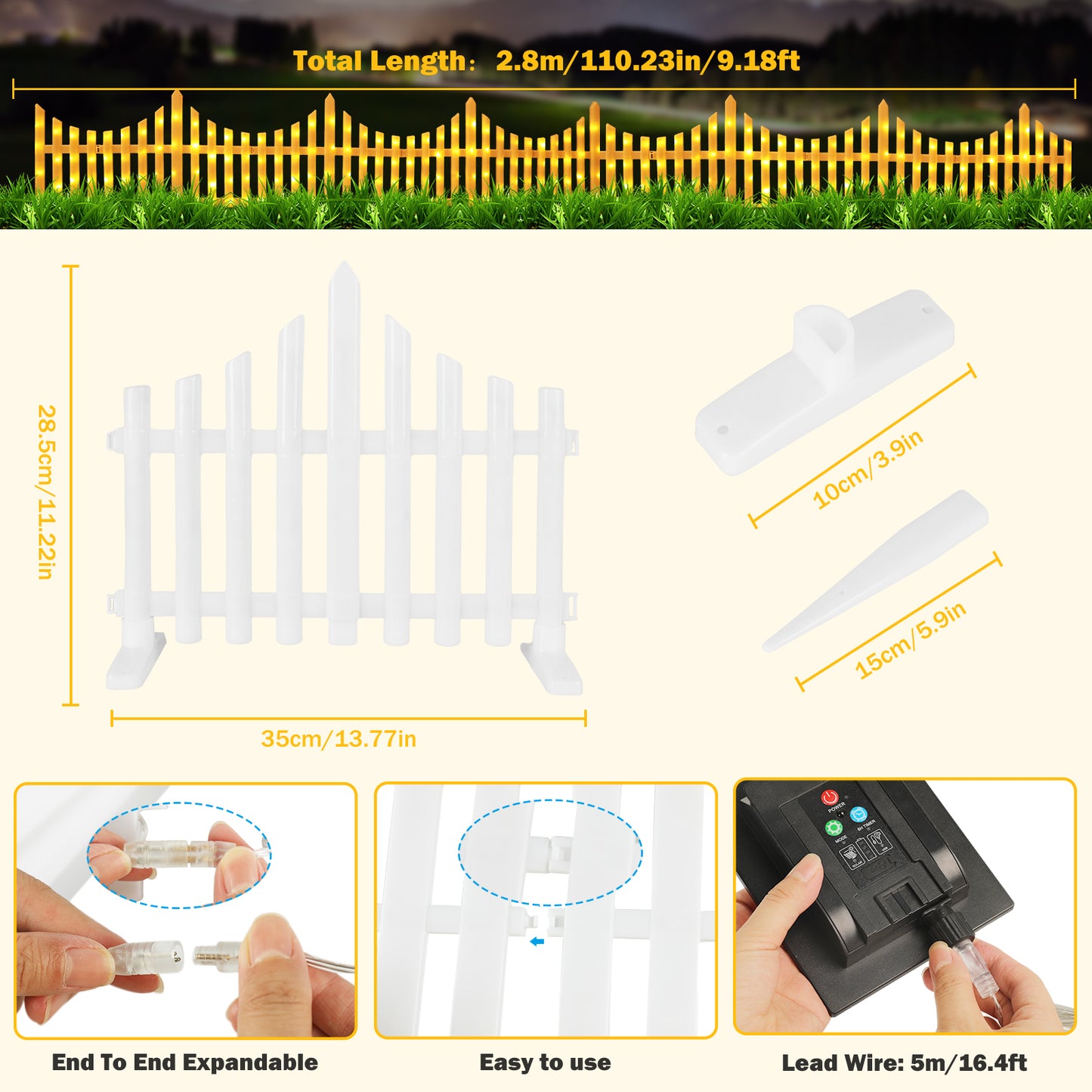 8 Pack Lighted Garden Fence Solar Powered Outdoor Waterproof