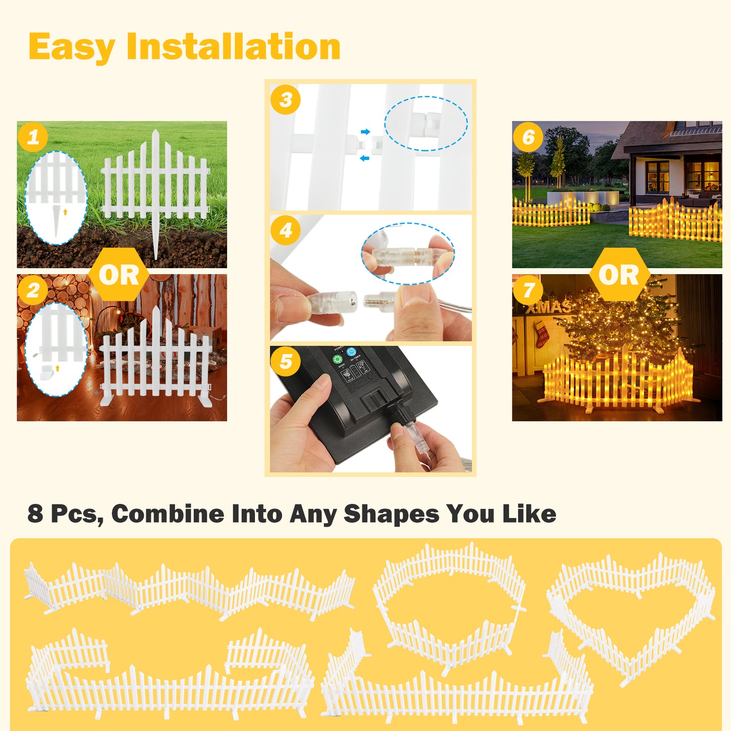 8 Pack Lighted Garden Fence Solar Powered Outdoor Waterproof