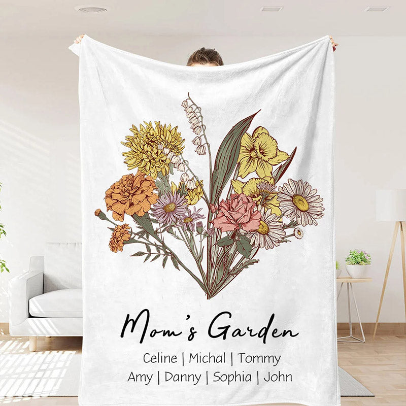 Personalized Family Birth Flowers Love Grows Here Fleece Blanket Gift for Mom Grandma