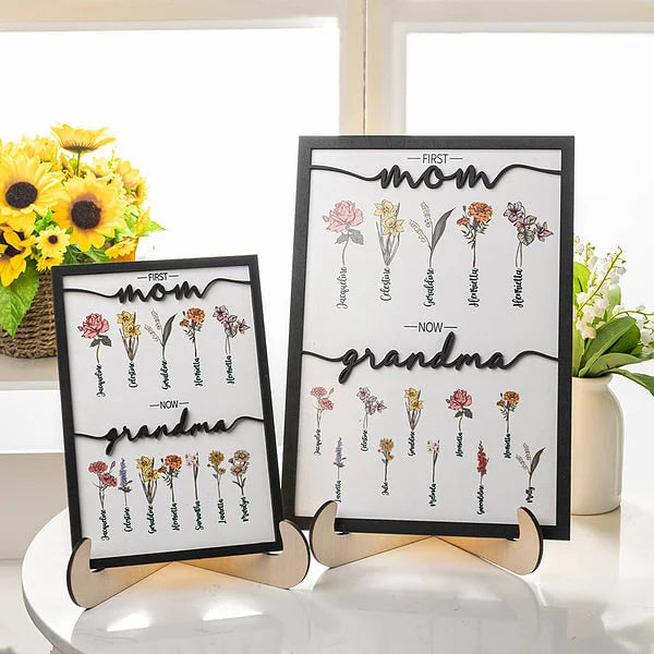 Personalized First Mom Now Grandma Birth Flower Garden Wooden Plaque Frame Sign